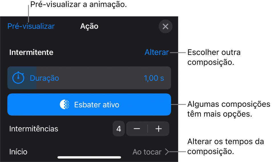 As opções de composição incluem “Duração” e “Temporização de início”. Toque em “Alterar” para escolher uma composição diferente ou toque em “Pré-visualizar” para pré-visualizar a composição.