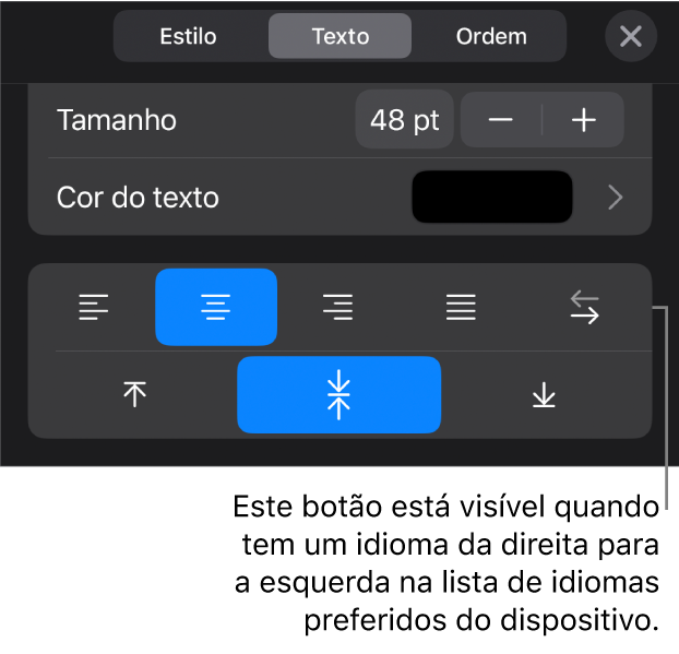 Controlos de texto no menu “Formatação” com uma chamada para o botão “Da direita para a esquerda”.