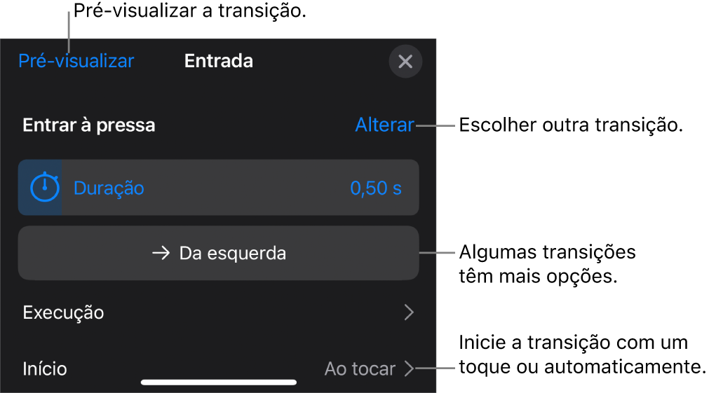 Controlos no painel de opções para modificar as transições.