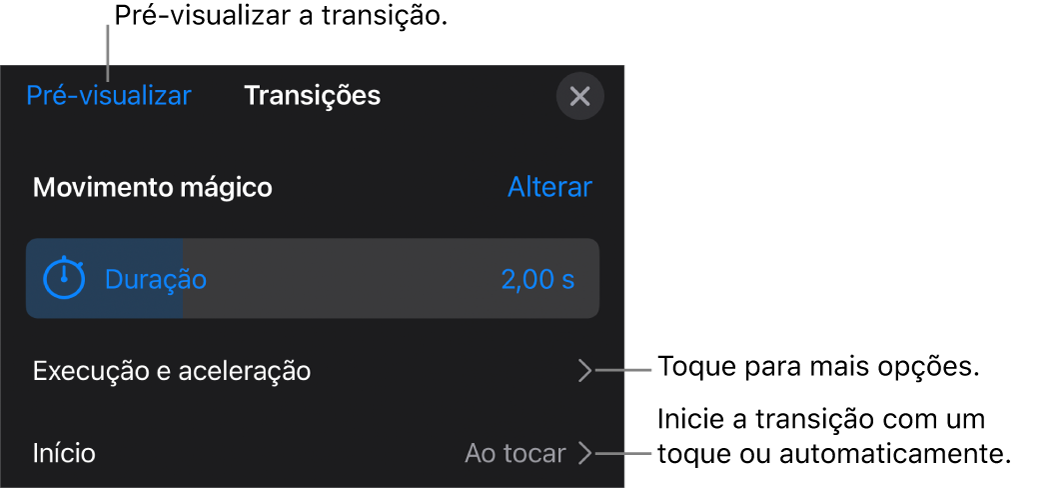 Controlos do “Movimento mágico” no painel “Transições”.