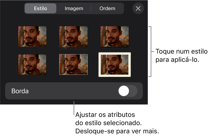 O separador “Estilo” do menu "Formatação” com estilos de objeto na parte superior e um controlo por baixo para alterar a borda.