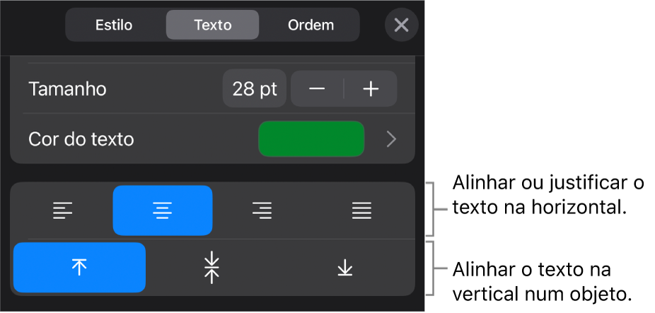 A secção “Alinhamento” do botão “Formatação” com chamadas para os botões de alinhamento de texto.