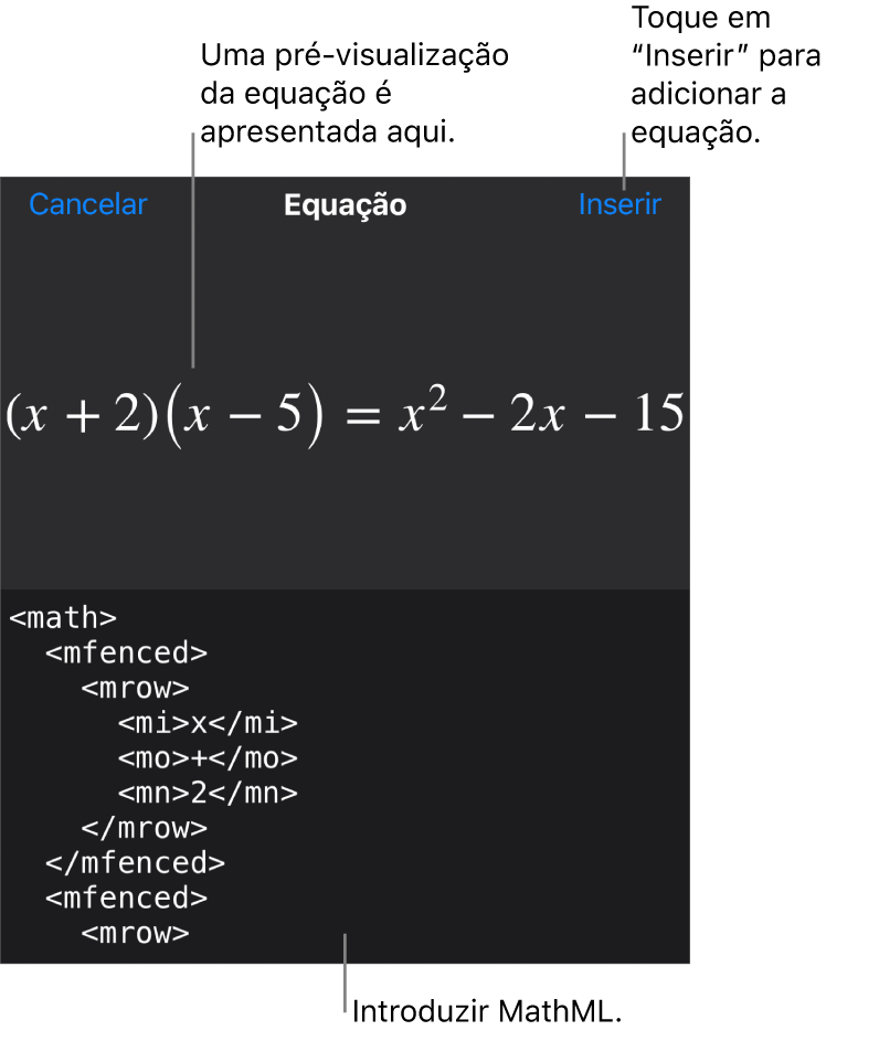 A caixa de diálogo “Equação”, apresentando uma equação escrita com recurso aos comandos MathML e uma pré-visualização da fórmula em cima.