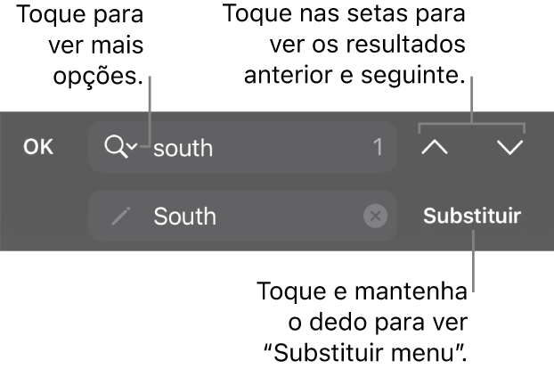 Os controlos “Procurar e substituir” acima do teclado com os botões “Substituir”, “Ir para cima” e “Ir para baixo”, e uma seta para tocar em “Opções de pesquisa”.