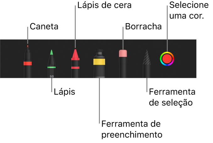 As barra de ferramentas de desenho com uma caneta, lápis, lápis de cera, ferramenta de preenchimento, borracha, ferramenta de seleção e o seletor de cores a apresentar a cor atual.