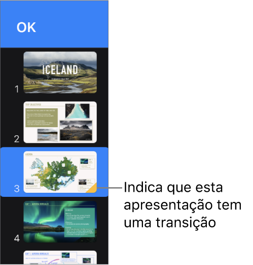 Um triângulo amarelo sobre um diapositivo indica que o dispositivo tem uma transição.