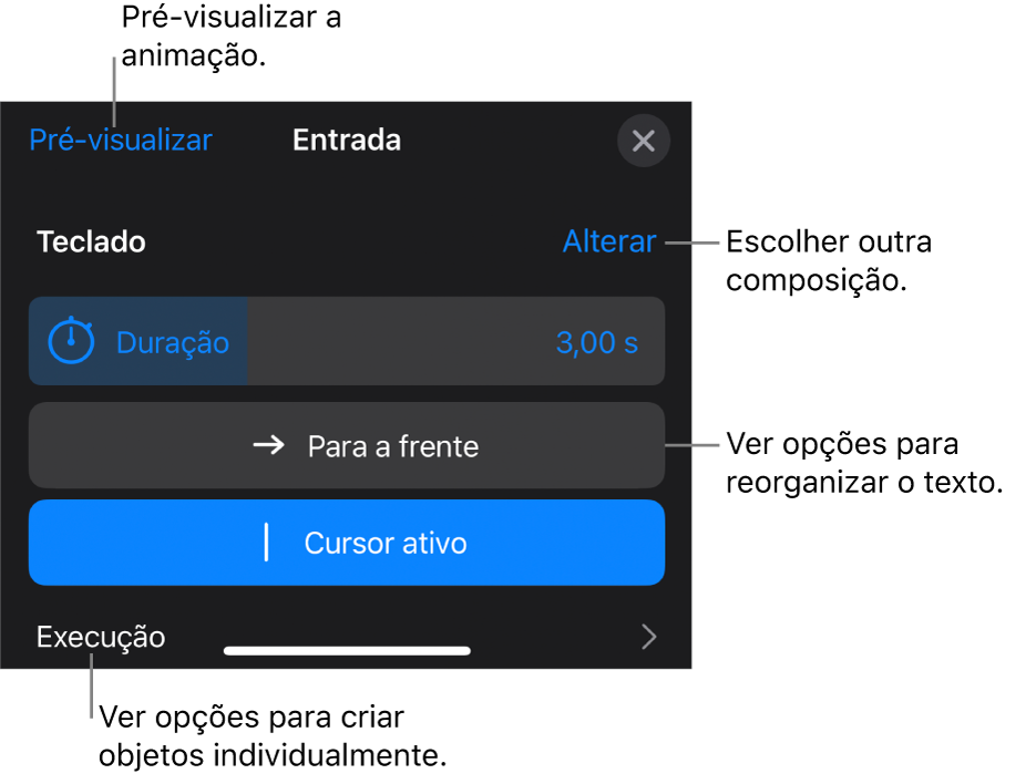 As opções de composição incluem “Duração”, “Animação do texto” e “Execução”. Toque em “Alterar” para escolher uma composição diferente ou toque em “Pré-visualizar” para pré-visualizar a composição.