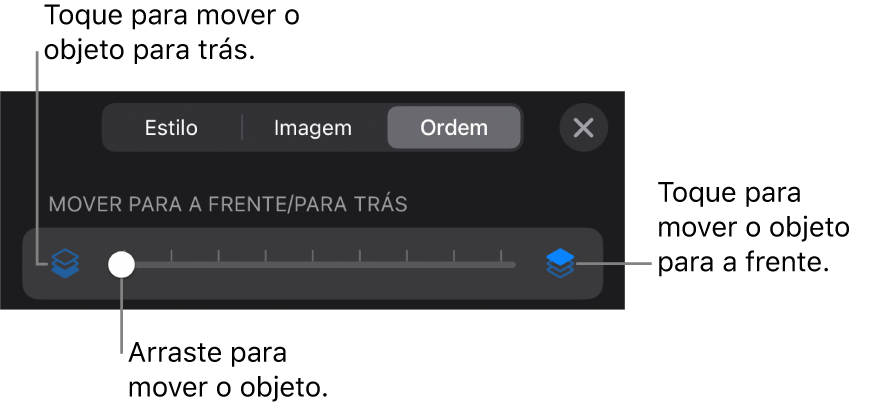 O botão “Mover para trás”, o botão “Mover para a frente” e o nivelador da camada.