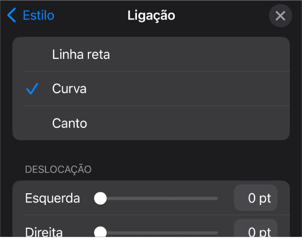 Os controlos de “Ligação” com “Curva” selecionada.