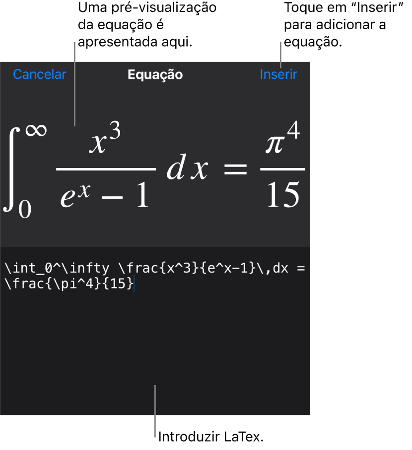 A caixa de diálogo “Equação”, apresentando uma equação escrita com recurso aos comandos LaTeX e uma pré-visualização da fórmula em cima.