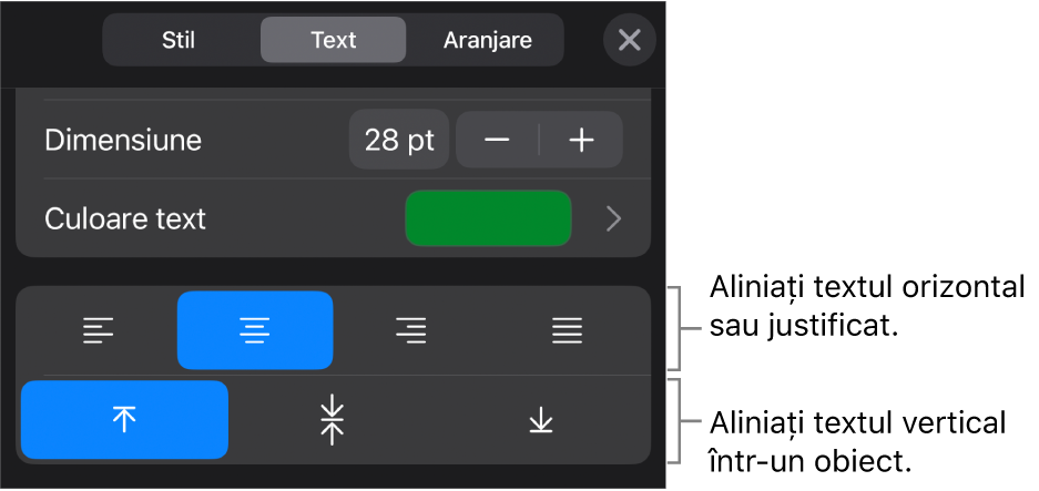 Secțiunea Aliniere a butonului Format cu explicații pentru butoanele de aliniere a textului.