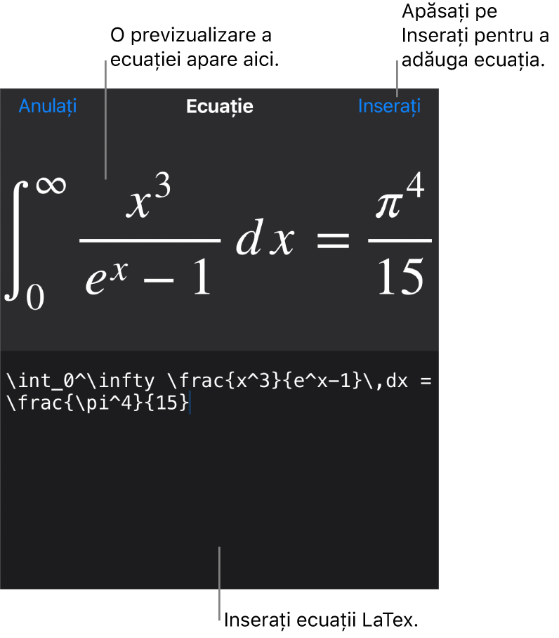 Caseta de dialog Ecuație, afișând o ecuație scrisă cu ajutorul comenzilor LaTex și, deasupra, o previzualizare a formulei.