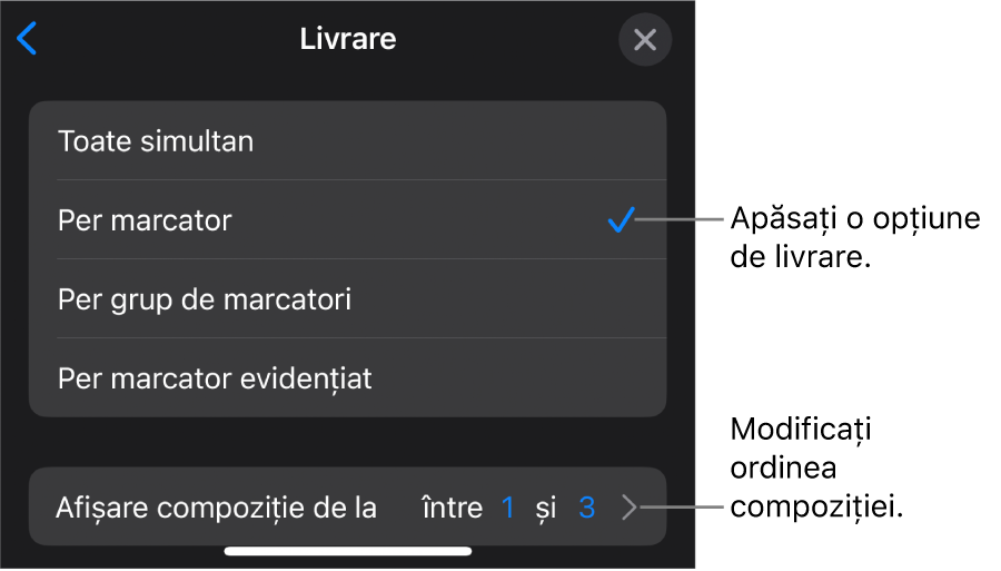 Opțiuni de livrare în panoul Intrare.