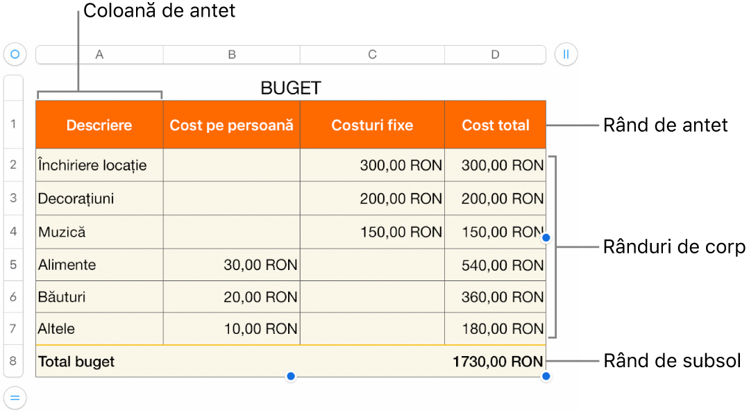 Un tabel, cu rânduri și coloane pentru antet, corp și subsol și mânere pentru adăugarea sau ștergerea rândurilor sau coloanelor.