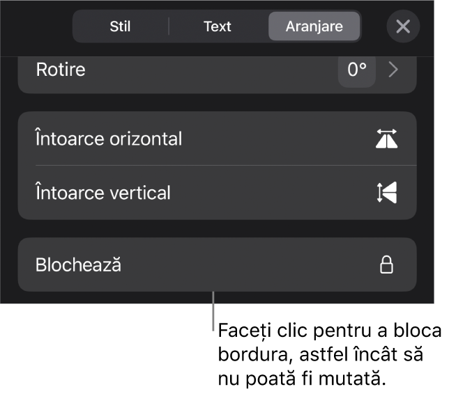 Comenzile Aranjare din meniul Format, cu butonul Blochează evidențiat.