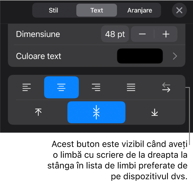 Comenzile pentru text din meniul Format cu o explicație referitoare la butonul De la dreapta la stânga.