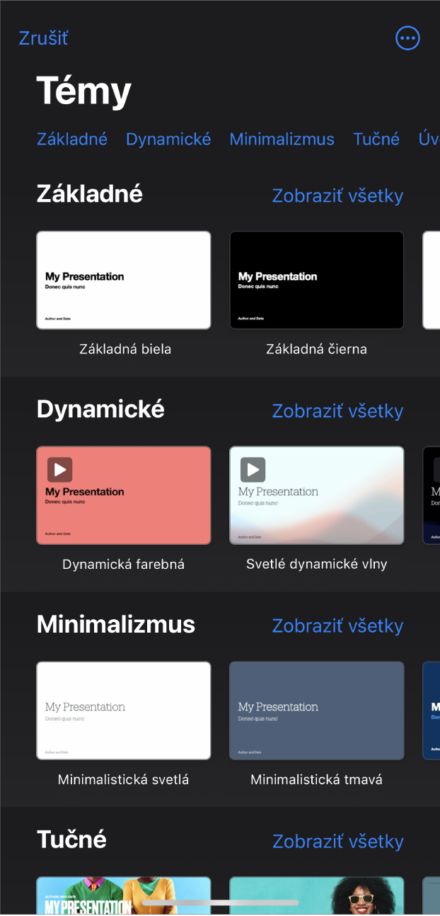 Výber tém zobrazujúci v hornej časti riadok kategórií, na ktoré môžete klepnúť a filtrovať tak možnosti. Nižšie sú miniatúry preddefinovaných tém usporiadané do riadkov podľa kategórií.