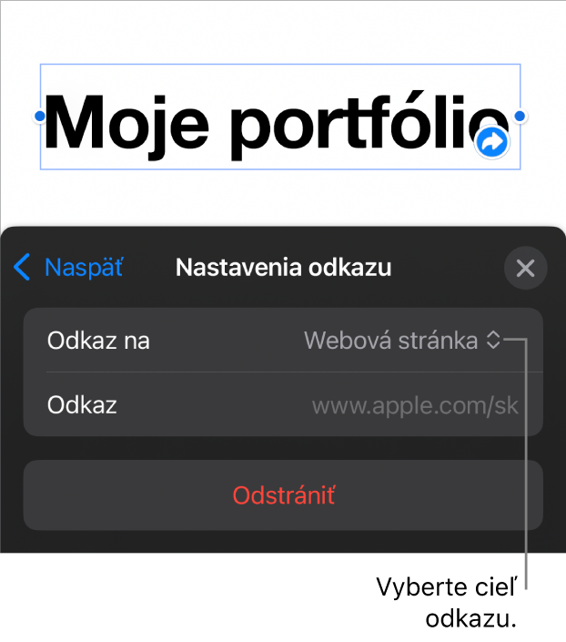 Ovládacie prvky nastavení odkazov s vybranou položkou Webová stránka a tlačidlom Odstrániť v dolnej časti.