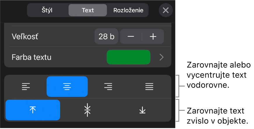 Časť Zarovnanie tlačidla Formát s bublinami popisujúcimi tlačidlá zarovnania textu.