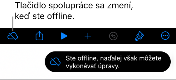 Tlačidlá v hornej časti obrazovky s tlačidlom Spolupráca zmeneným na obláčik s diagonálnou čiarou. Upozornenie na obrazovke s oznámením Ste offline, ale naďalej môžete upravovať.