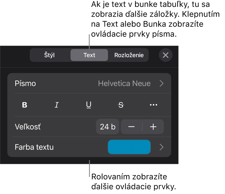 Ovládacie prvky textu v menu Formát pre nastavenie štýlov, písma, veľkosti a farby odsekov a znakov.