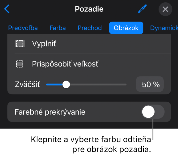 Ovládacie prvky pozadia s obrázkom nastaveným ako pozadie snímky a ovládačom Farebné prekrývanie v spodnej časti.
