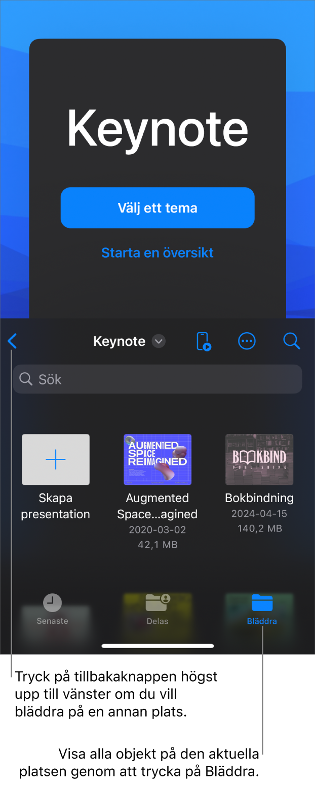 Dokumenthanteraren i Keynote med knappar för att välja ett tema och starta en presentation från en översikt i den övre skärmhalvan och dokumentbläddraren med delade presentationer nedtill.