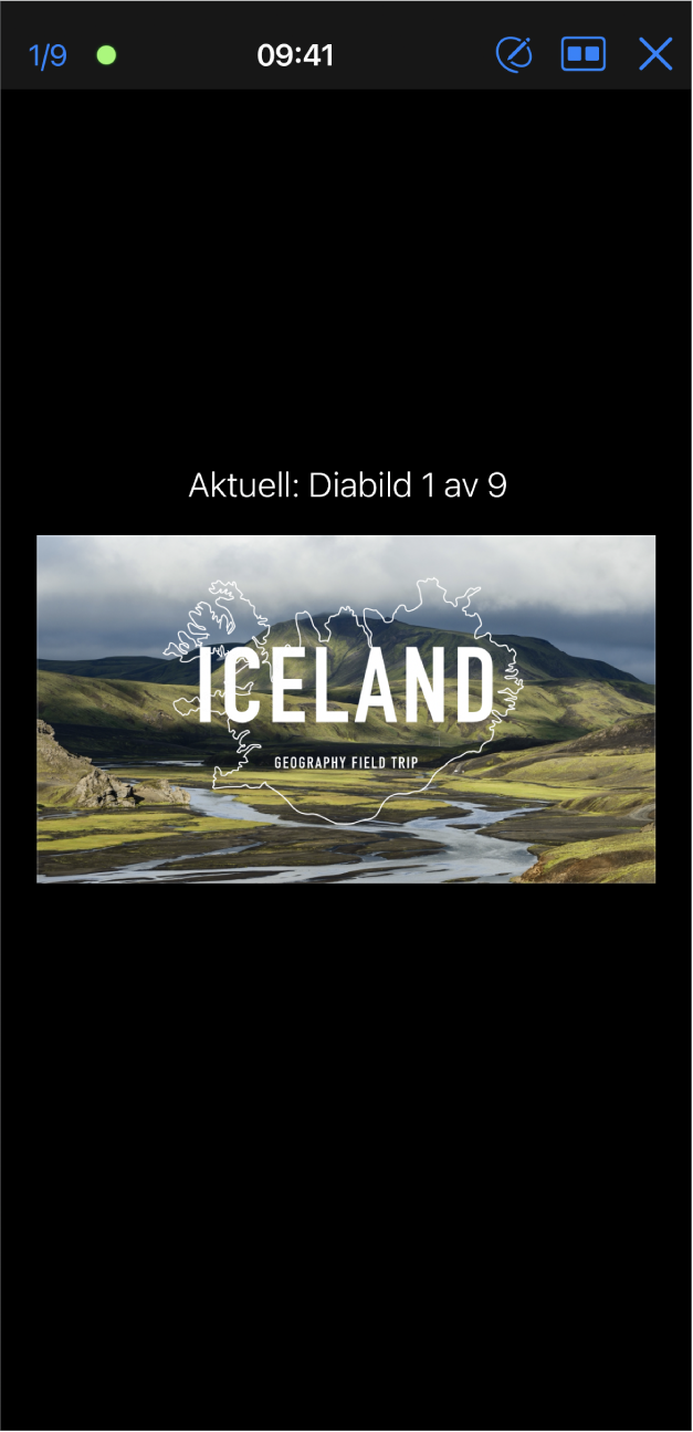 Keynote-appen med presentatörsvyn. Den aktuella diabilden visas i mitten på skärmen. Ett verktygsfält visas överst på skärmen med diabildsräknaren till vänster, tiden i mitten samt knapparna Rita, Layout och Avsluta till höger.