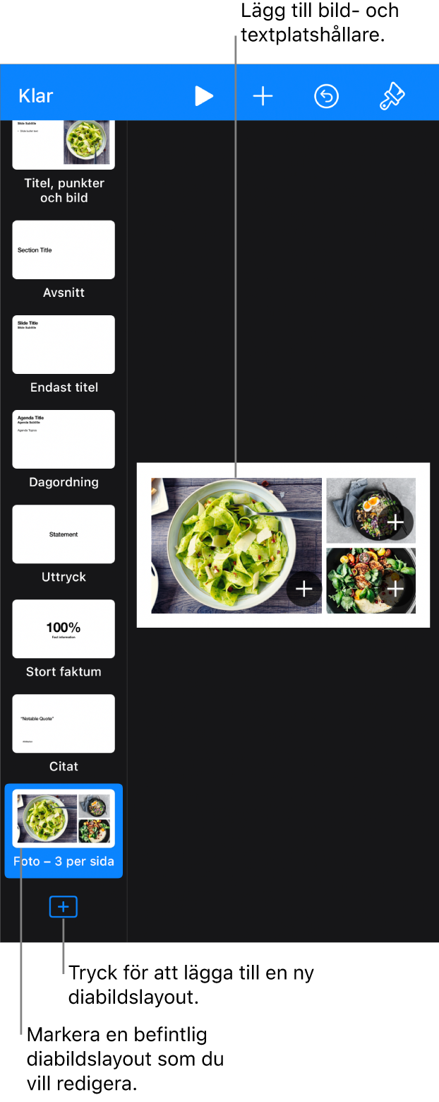 En diabildslayout som visar arbetsytan med knappen Lägg till diabildslayout längst ned i diabildsnavigatorn.