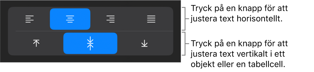 Knapparna för horisontell eller vertikal justering av text.