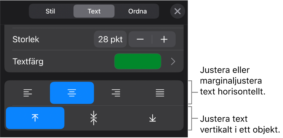 Justeringsavsnittet för formatknappen med linjer som pekar på knapparna för textjustering.