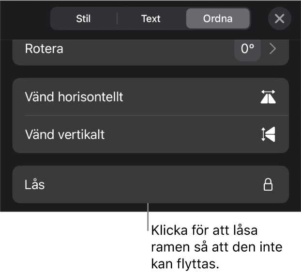 Ordna-reglagen i menyn Format med knappen Lås markerad.