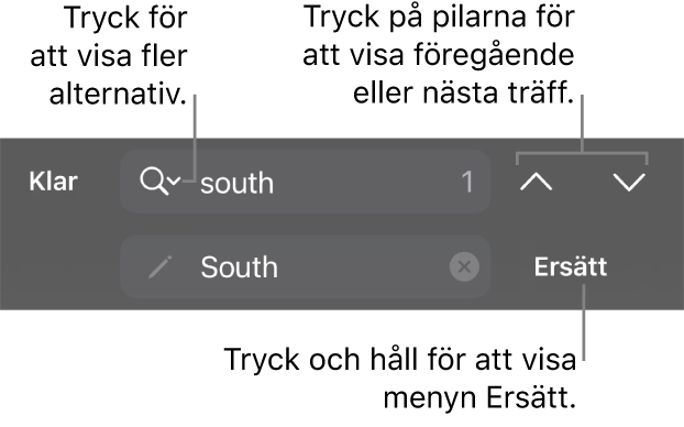 Reglagen Sök och ersätt ovanför tangentbordet med knapparna Ersätt, Gå uppåt och Gå nedåt samt en pil för att trycka för Sökalternativ.