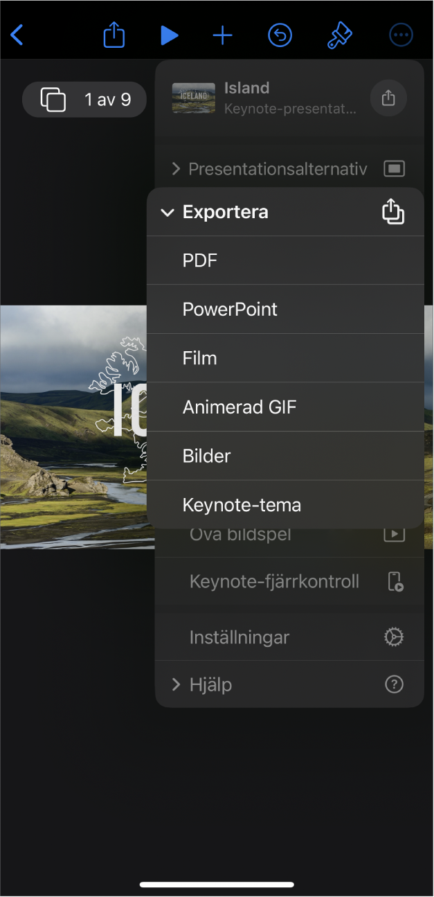 Keynote-appen med exportalternativen öppna i mermenyn i verktygsfältet.
