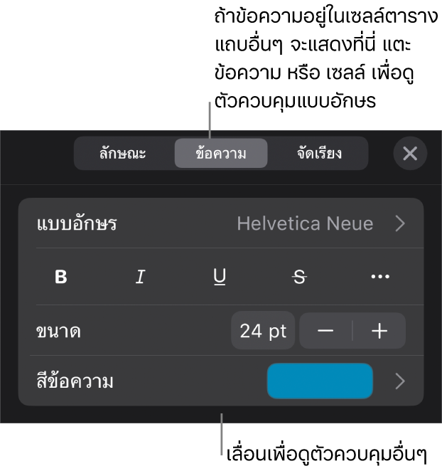 ตัวควบคุมข้อความในเมนูรูปแบบสำหรับตั้งค่าลักษณะ แบบอักษร ขนาด และสีของย่อหน้าและอักขระ