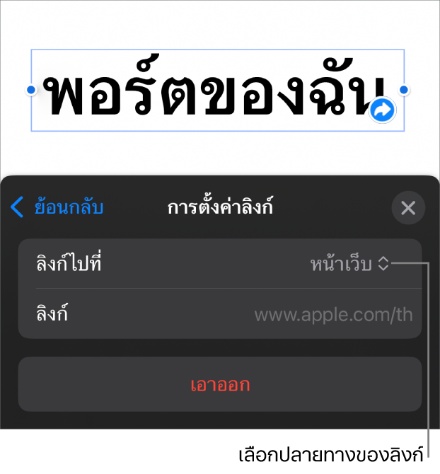 ตัวควบคุมการตั้งค่าลิงก์ที่มีหน้าเว็บถูกเลือกอยู่ และปุ่มเอาออกที่ด้านล่างสุด