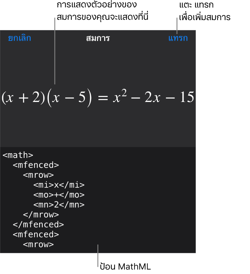 หน้าต่างโต้ตอบสมการ ที่แสดงสมการที่เขียนโดยใช้คำสั่ง MathML และการแสดงตัวอย่างของสูตรด้านบน