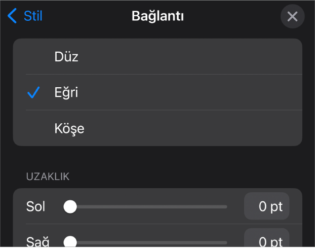 Eğri seçili olan Bağlantı denetimleri.