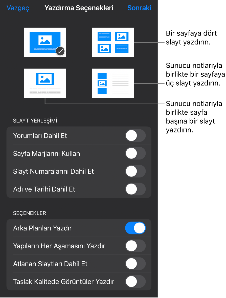 Yazdırma yerleşimi seçenekleri.
