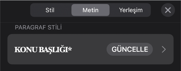 Yanında yıldız ve sağda Güncelle düğmesinin olduğu bir paragraf stili.