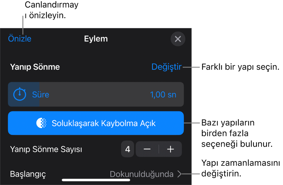 Yapı seçenekleri Süre ve Zamanlamayı başlat’ı içerir. Farklı bir yapı seçmek için Değiştir’e, yapıyı önizleme için Önizleme’ye dokunun.