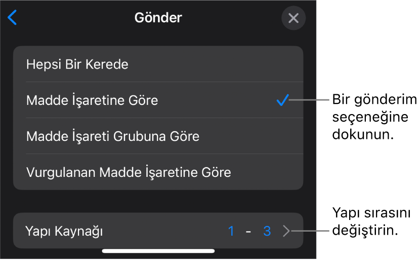 İçeride Oluştur bölmesindeki gönderim seçenekleri.
