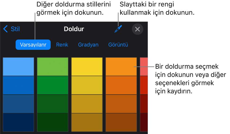 Stil sekmesinde Doldurma seçenekleri.