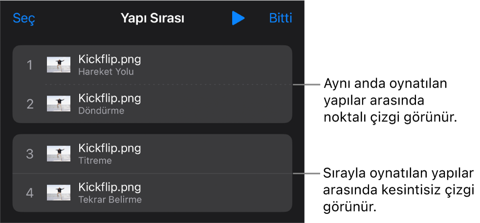 Yapı Sırası menüsü, eşzamanlı oynatılan yapılar arasında görünen noktalı bir çizgi ve tek tek oynatılan yapılar arasında düz bir çizgi ile.