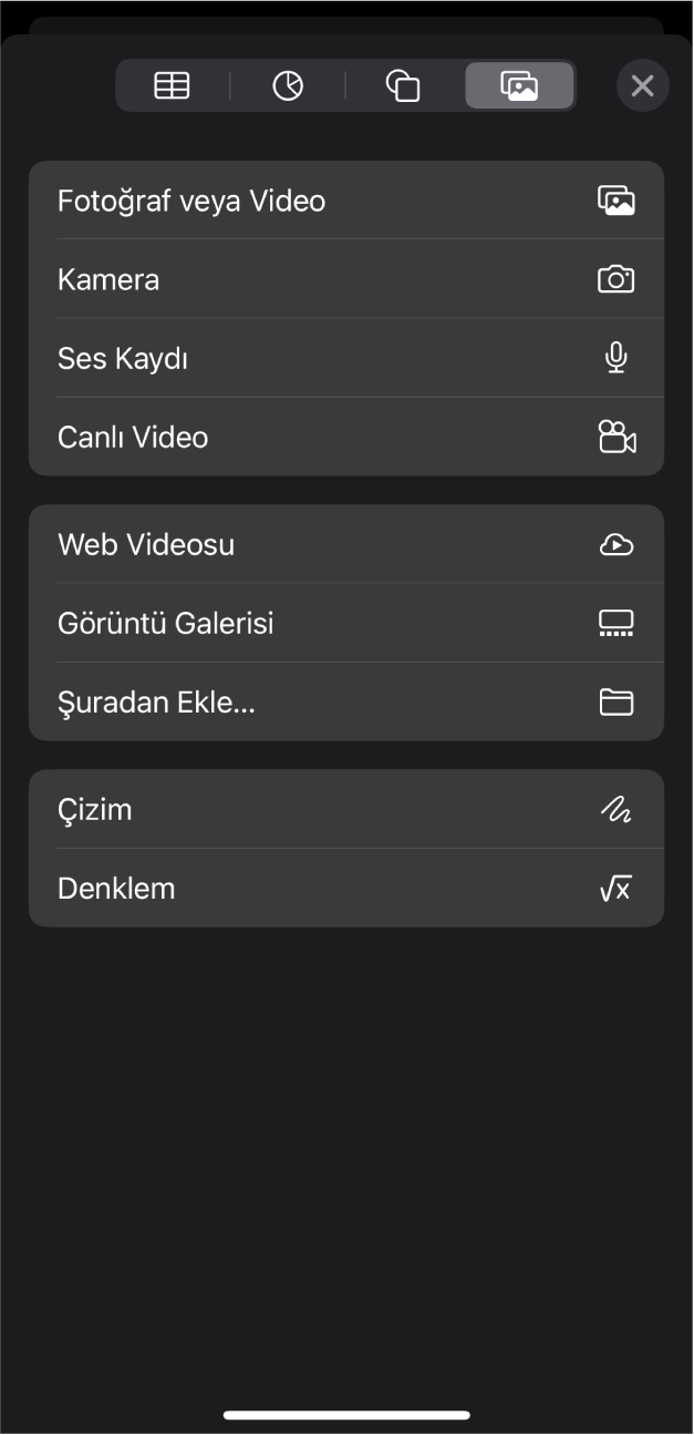 Ortam menüsü, çeşitli ortam nesnelerinin eklenmesine ve kaydına yönelik düğmeleri gösteriyor.