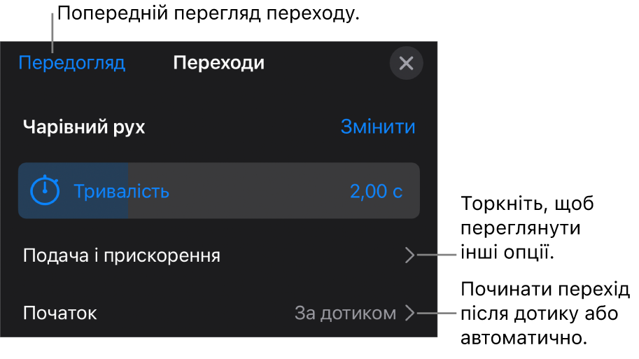 Елементи керування «Чарівний рух» на панелі «Переходи».