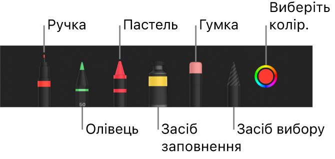 Панель малювання з ручкою, олівцем, пастеллю, інструментом заповнення, гумкою, інструментом вибору і джерелом кольору, яке відображає поточний колір.