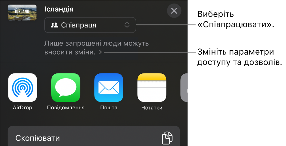 Меню «Поширити» з вибраним угорі елементом «Співпраця», а також параметрами доступу й дозволів унизу.