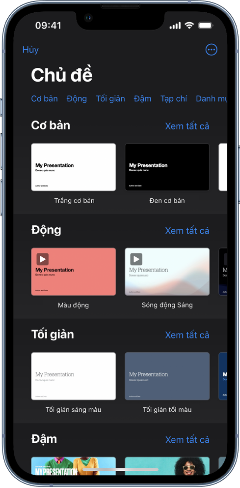  Bộ chọn chủ đề, đang hiển thị một hàng các danh mục dọc trên cùng mà bạn có thể chạm để lọc các tùy chọn. Bên dưới là các hình thu nhỏ của các mẫu được thiết kế sẵn được sắp xếp trong các hàng theo danh mục.
