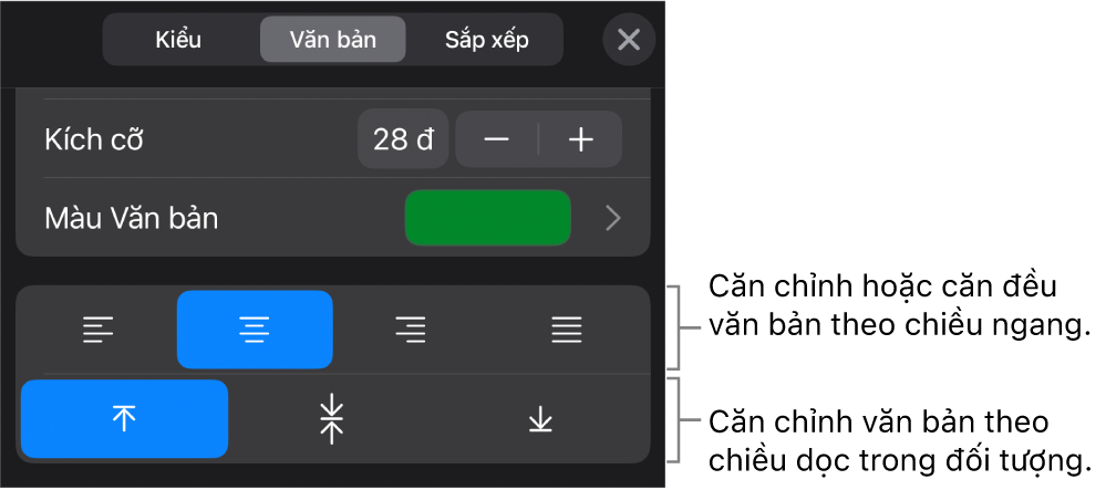 Phần Căn chỉnh của nút Định dạng với các lời nhắc đến các nút căn chỉnh văn bản.
